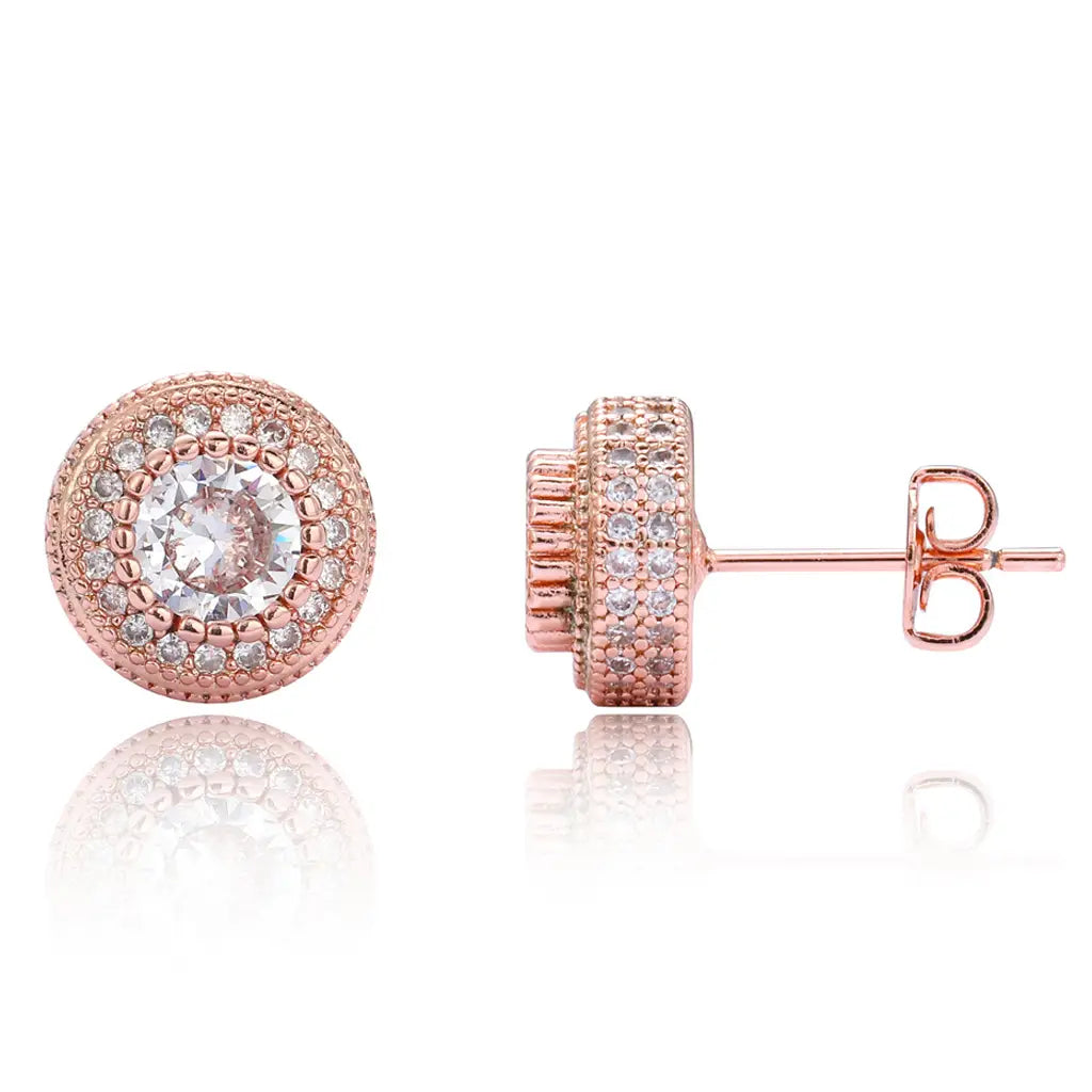 Round Full Zircon Earrings Rose Gold
