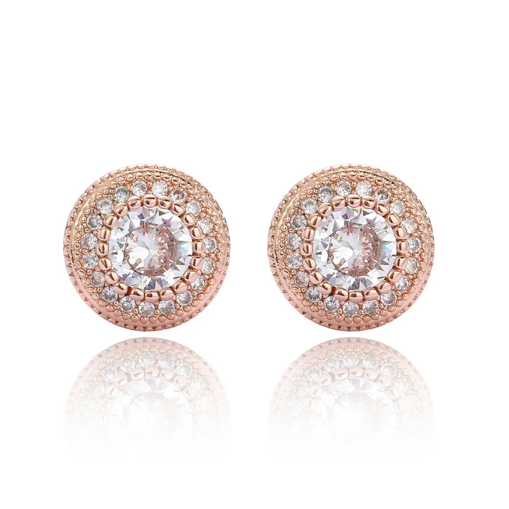 Round Full Zircon Earrings Rose Gold