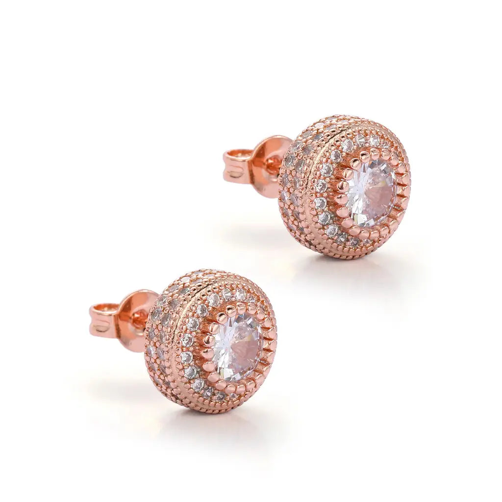 Round Full Zircon Earrings Rose Gold