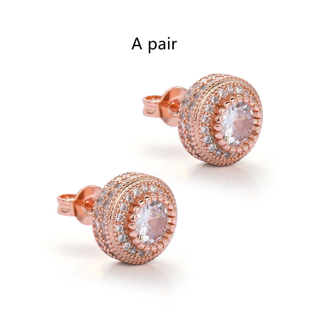 Round Full Zircon Earrings Rose Gold