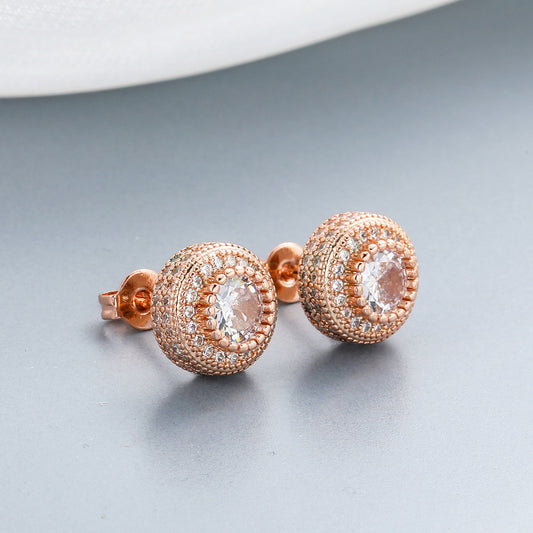 Round Full Zircon Earrings Rose Gold